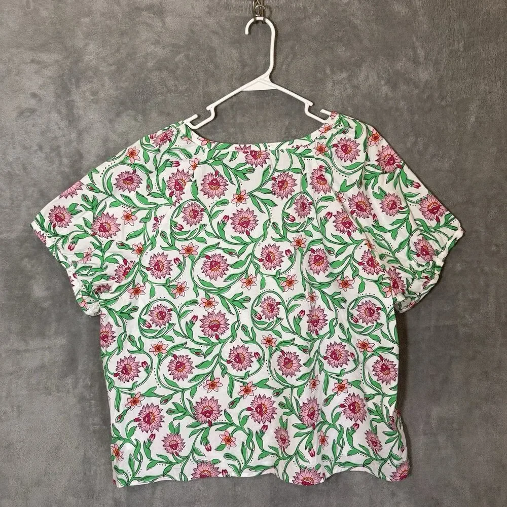 J Crew 2X Floral Top White Pink Green Short Sleeve V Neck Boxy Cotton Casual